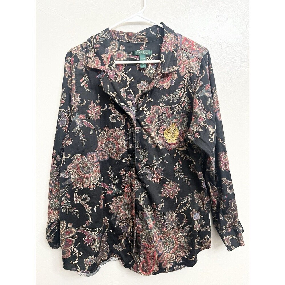 Lauren Ralph Lauren PJ Top Size 1X Paisley 100% Cotton Black Pajama Top Crest